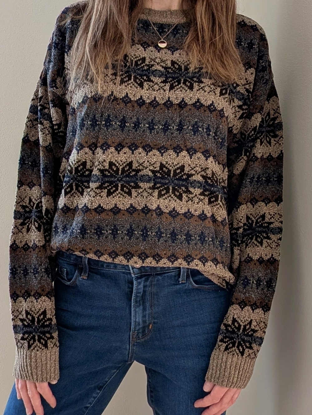 Vintage Neutral Multi-Stripe Fair Isle Crewneck Sweater In Tan/Blue